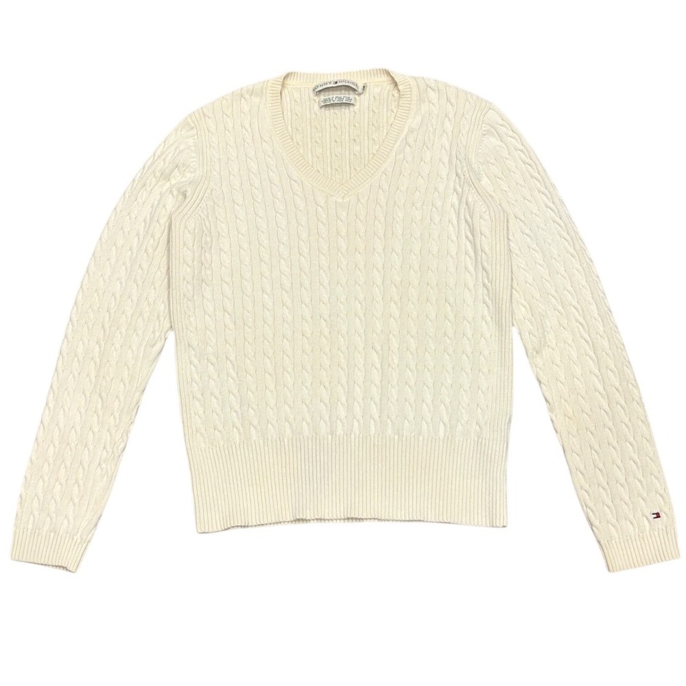 VTG 90s Tommy Hilfiger Womens Cream Cable Knit V-Neck Sweater Preppy Classic Med
